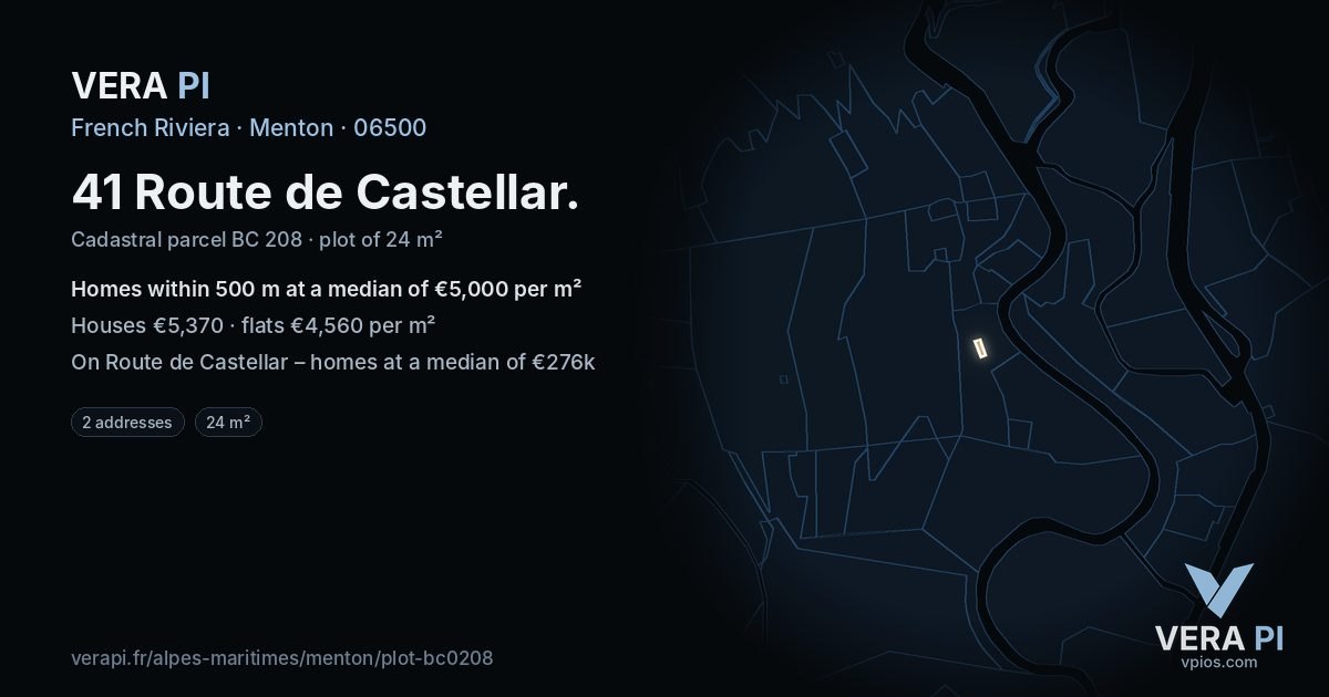 41 Route de Castellar, Menton at night – the plot lit, the parcels around coloured by the prices near them