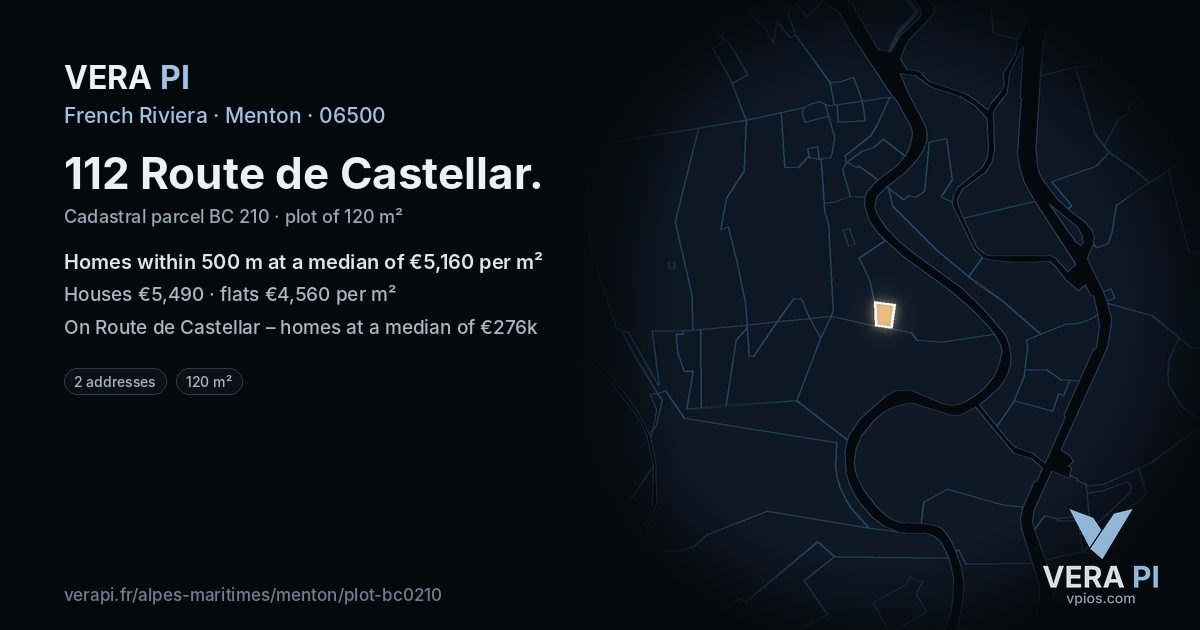 112 Route de Castellar, Menton at night – the plot lit, the parcels around coloured by the prices near them