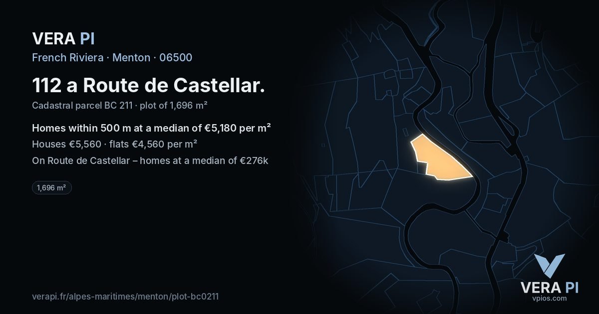 112 a Route de Castellar, Menton at night – the plot lit, the parcels around coloured by the prices near them