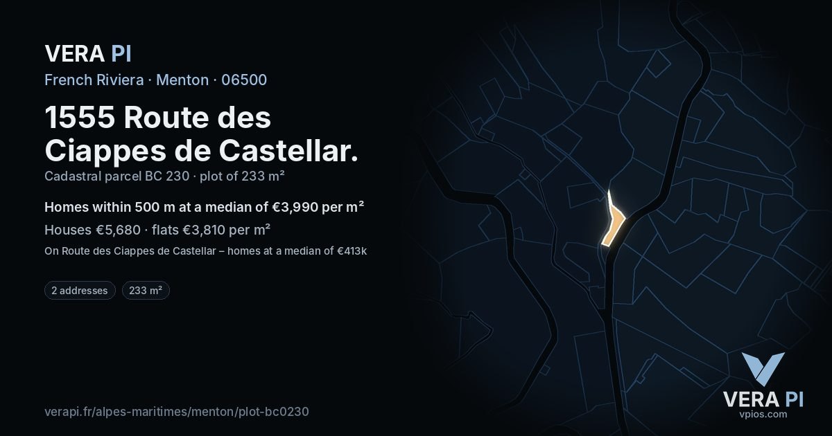 1555 Route des Ciappes de Castellar, Menton at night – the plot lit, the parcels around coloured by the prices near them