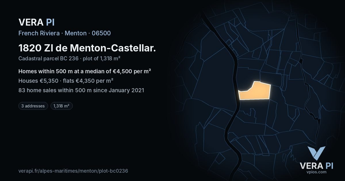 1820 ZI de Menton-Castellar, Menton at night – the plot lit, the parcels around coloured by the prices near them