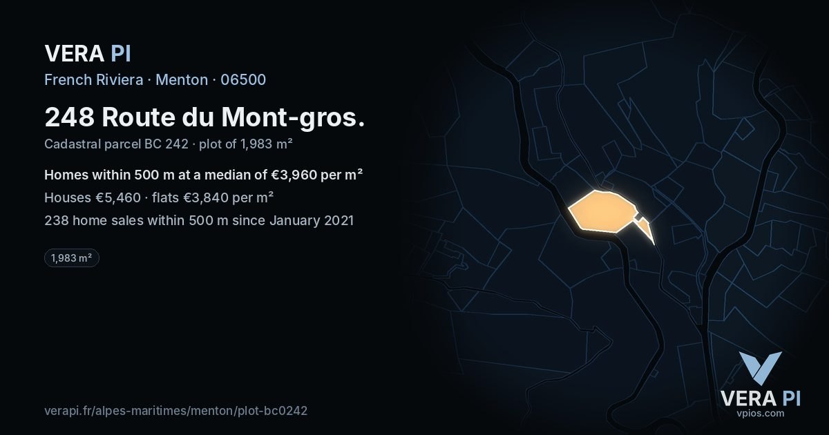 248 Route du Mont-gros, Menton at night – the plot lit, the parcels around coloured by the prices near them
