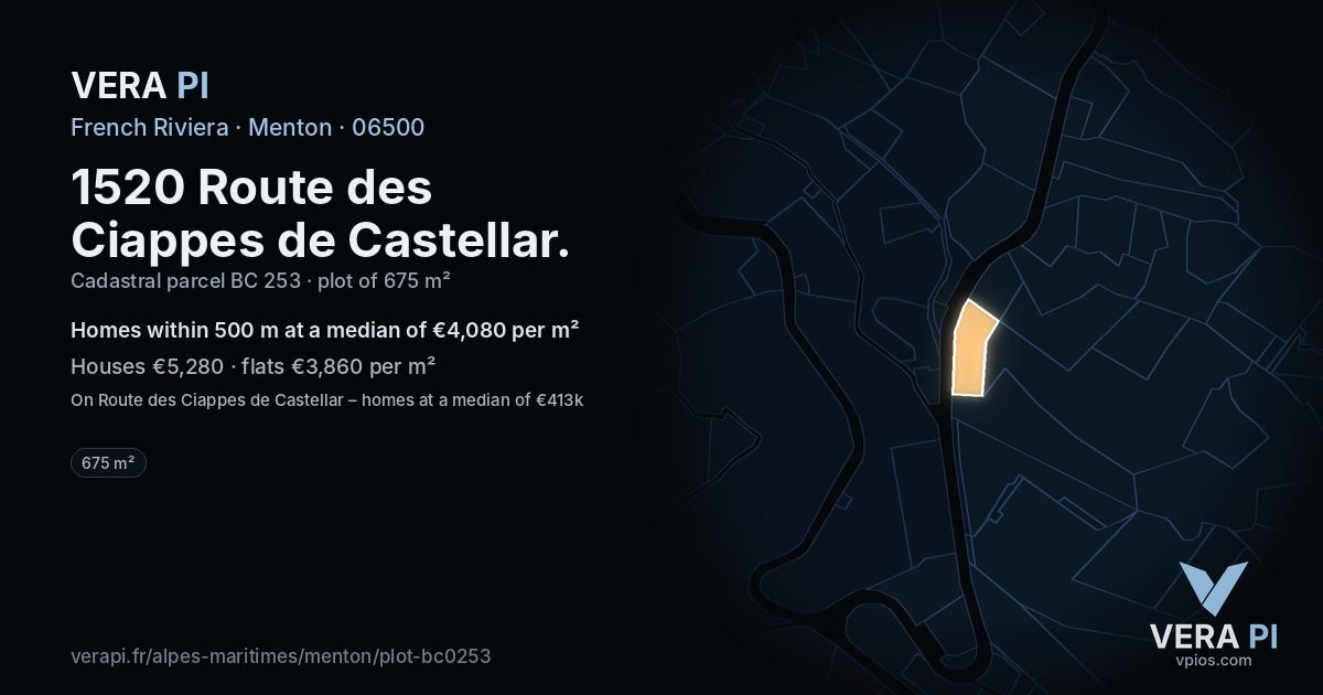 1520 Route des Ciappes de Castellar, Menton at night – the plot lit, the parcels around coloured by the prices near them