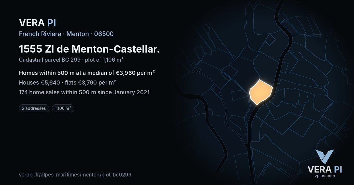 1555 ZI de Menton-Castellar, Menton at night – the plot lit, the parcels around coloured by the prices near them