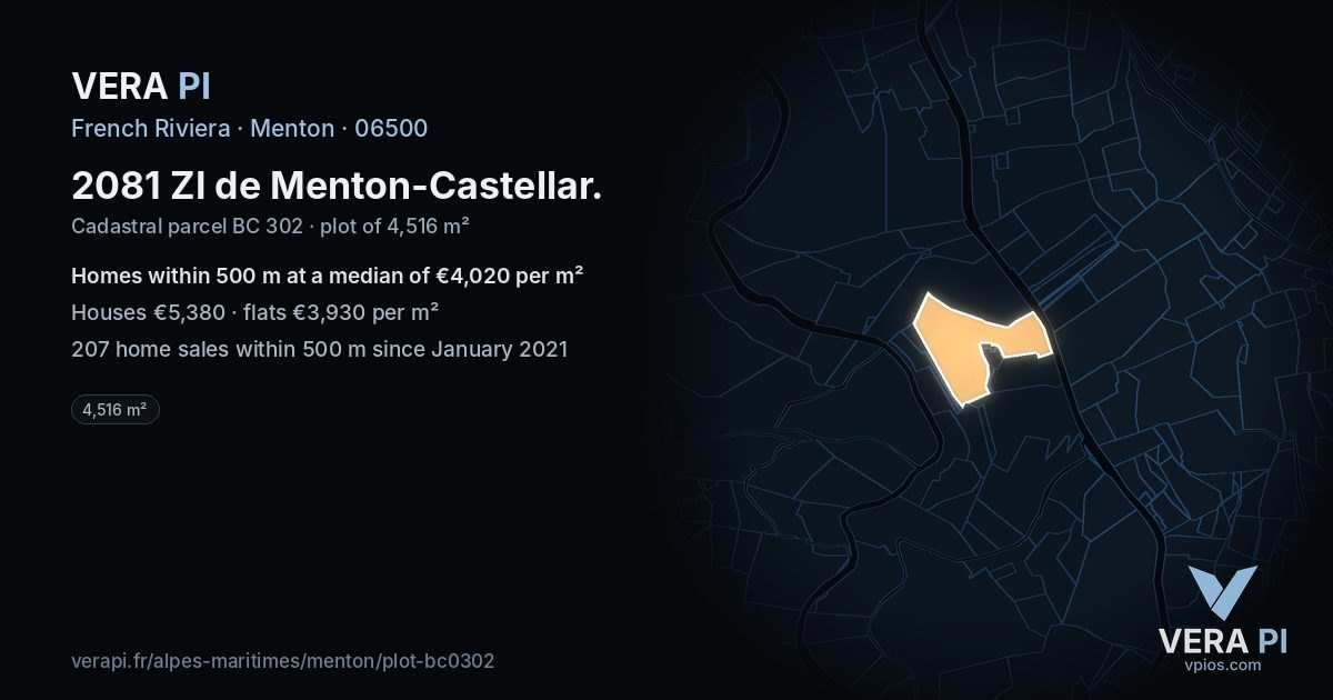 2081 ZI de Menton-Castellar, Menton at night – the plot lit, the parcels around coloured by the prices near them