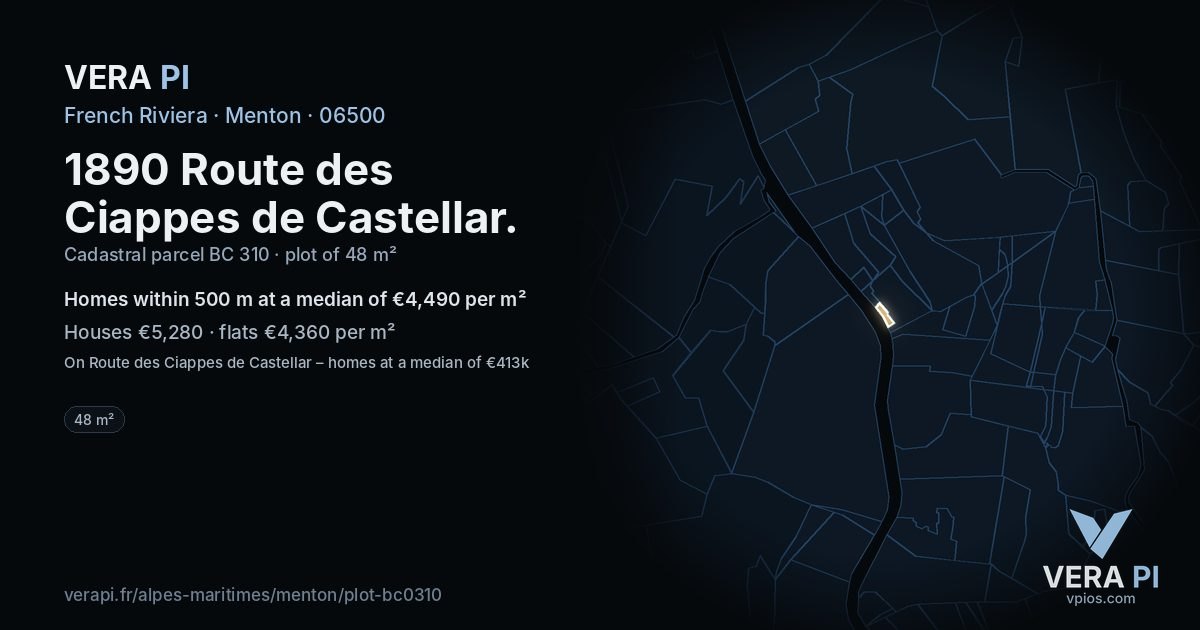 1890 Route des Ciappes de Castellar, Menton at night – the plot lit, the parcels around coloured by the prices near them