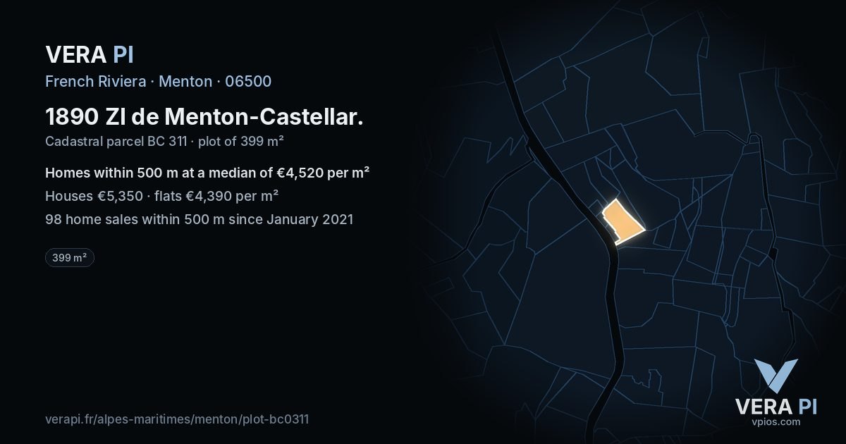 1890 ZI de Menton-Castellar, Menton at night – the plot lit, the parcels around coloured by the prices near them
