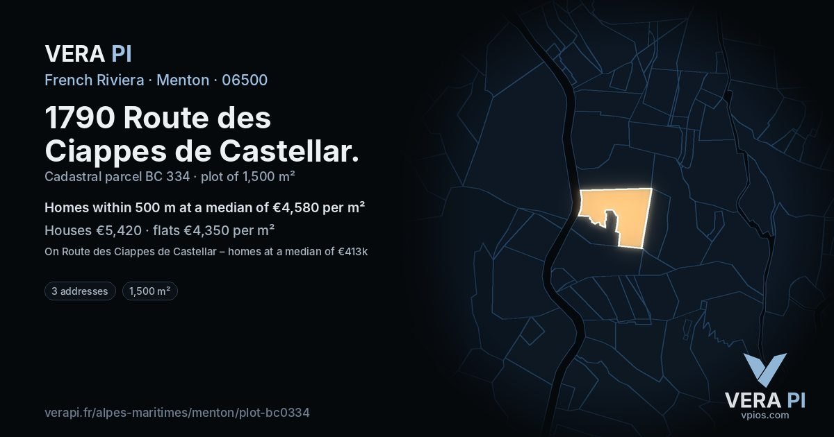 1790 Route des Ciappes de Castellar, Menton at night – the plot lit, the parcels around coloured by the prices near them