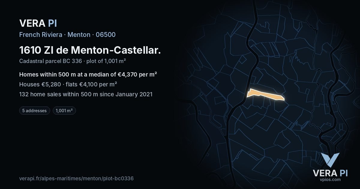 1610 ZI de Menton-Castellar, Menton at night – the plot lit, the parcels around coloured by the prices near them