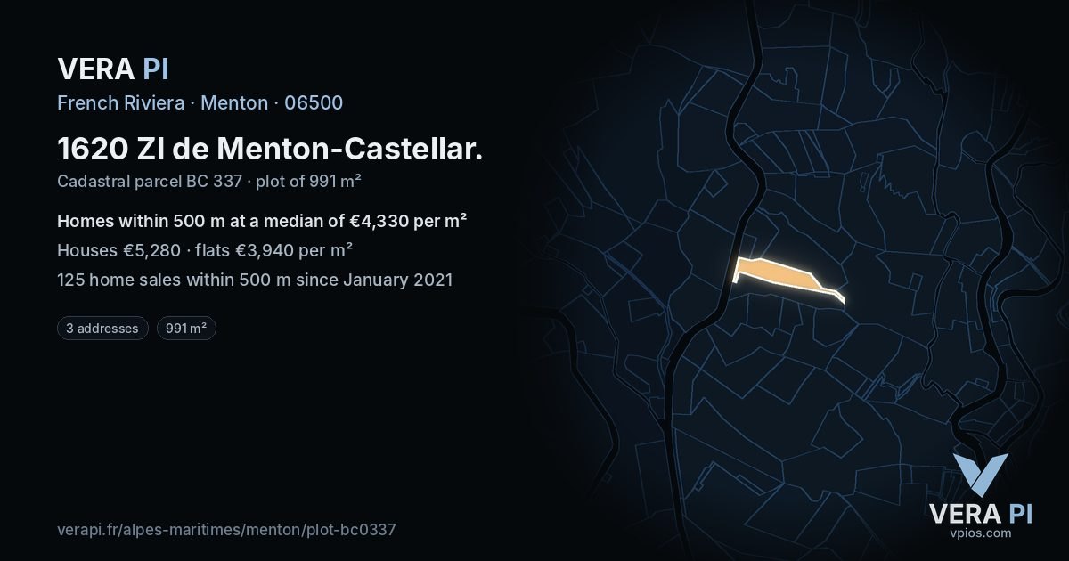 1620 ZI de Menton-Castellar, Menton at night – the plot lit, the parcels around coloured by the prices near them