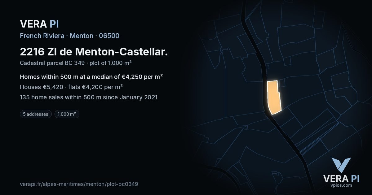 2216 ZI de Menton-Castellar, Menton at night – the plot lit, the parcels around coloured by the prices near them