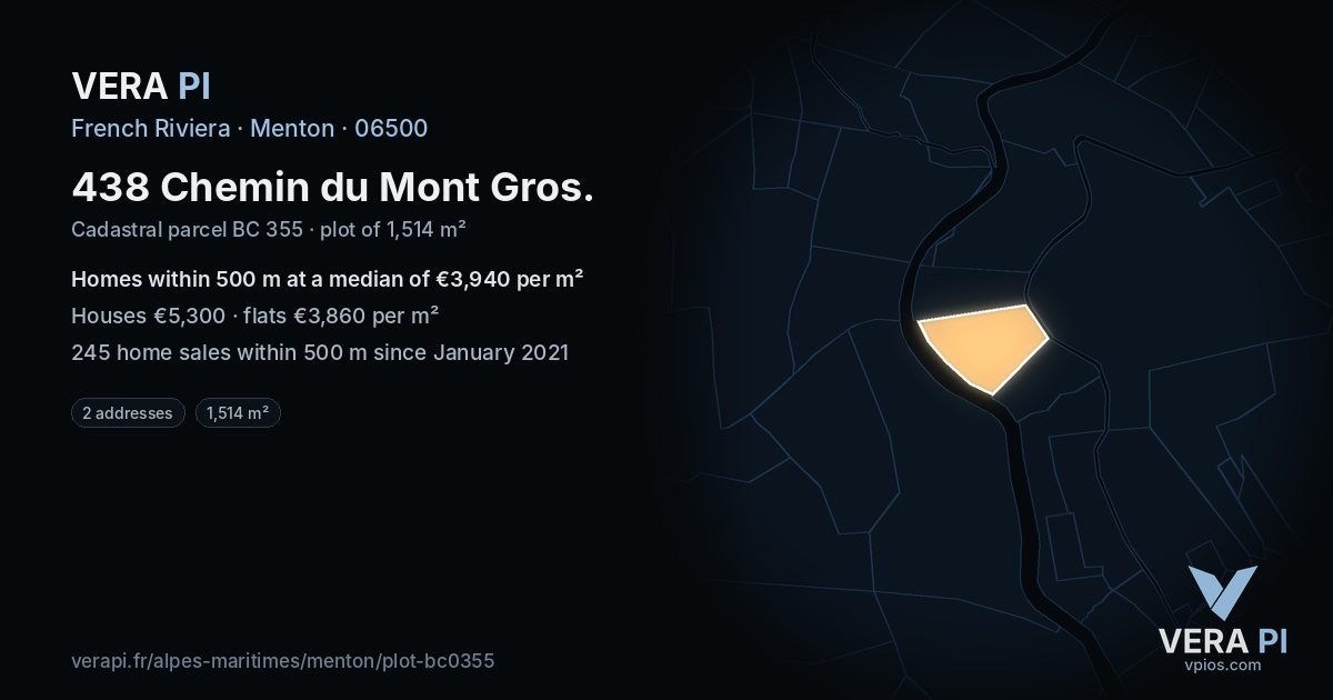 438 Chemin du Mont Gros, Menton at night – the plot lit, the parcels around coloured by the prices near them