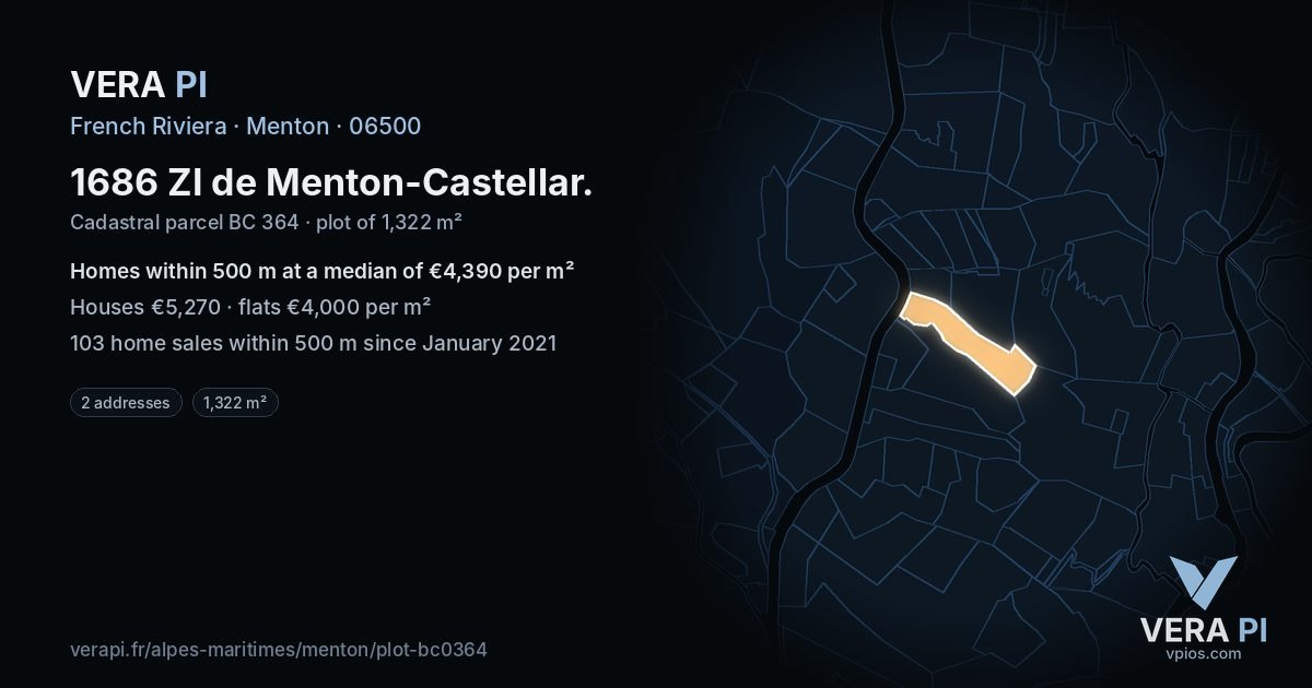 1686 ZI de Menton-Castellar, Menton at night – the plot lit, the parcels around coloured by the prices near them