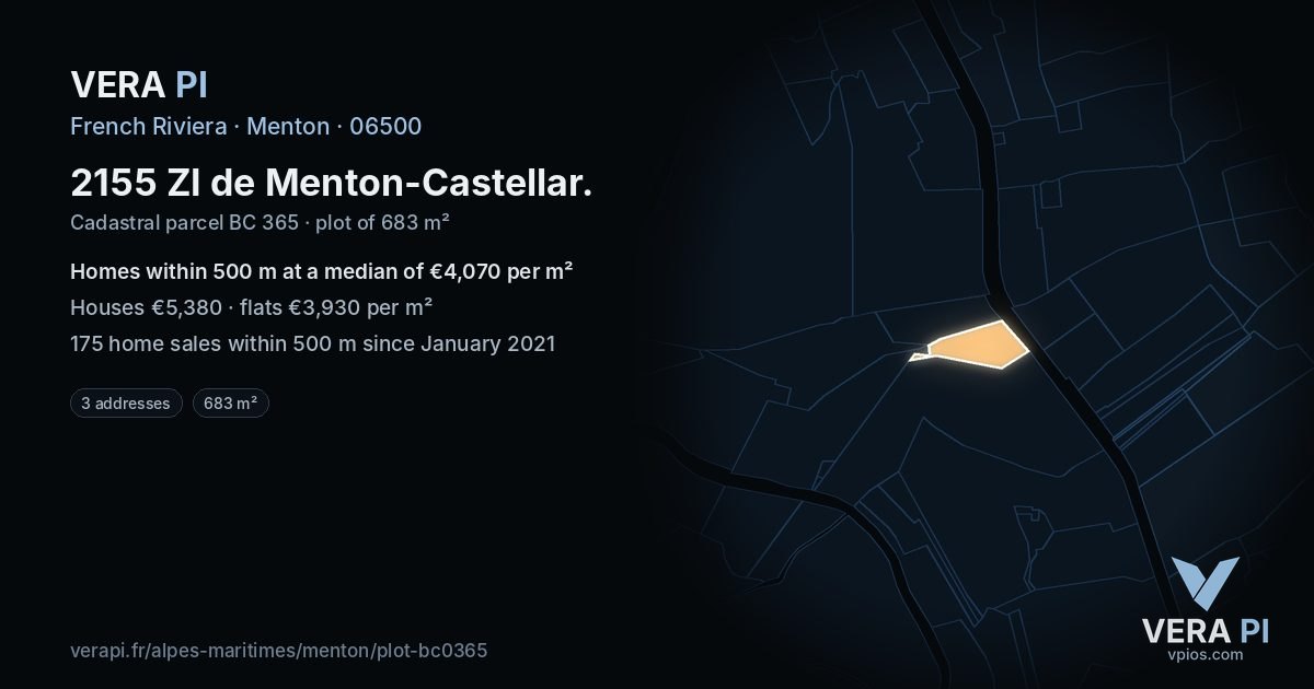 2155 ZI de Menton-Castellar, Menton at night – the plot lit, the parcels around coloured by the prices near them