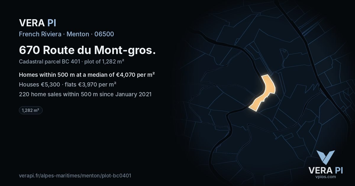 670 Route du Mont-gros, Menton at night – the plot lit, the parcels around coloured by the prices near them