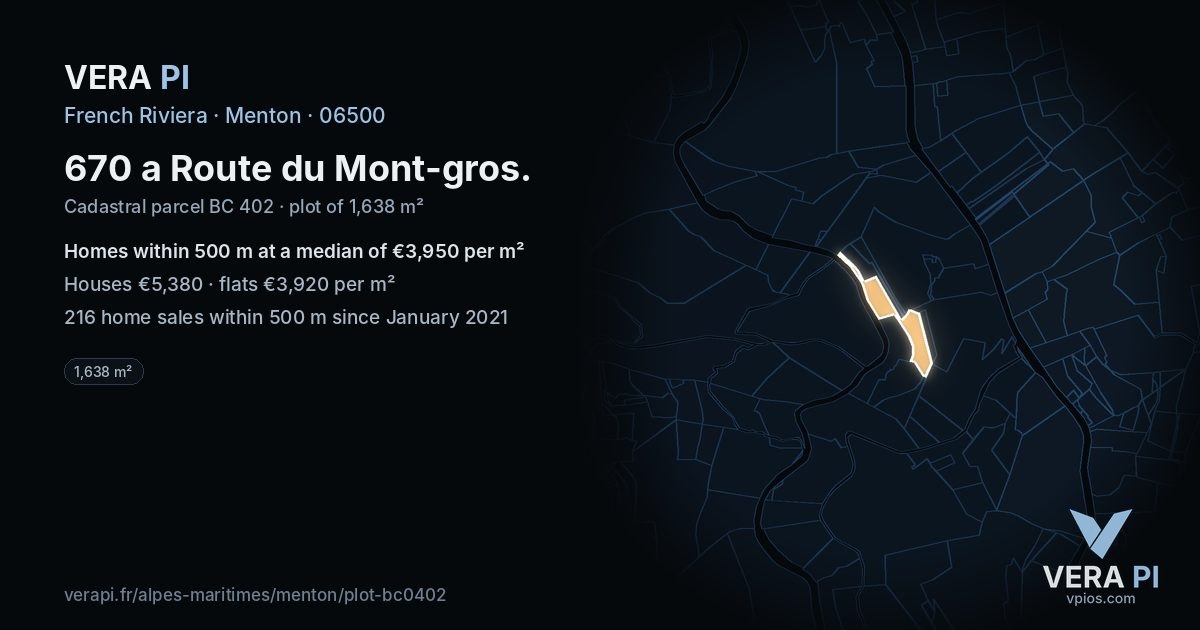 670 a Route du Mont-gros, Menton at night – the plot lit, the parcels around coloured by the prices near them