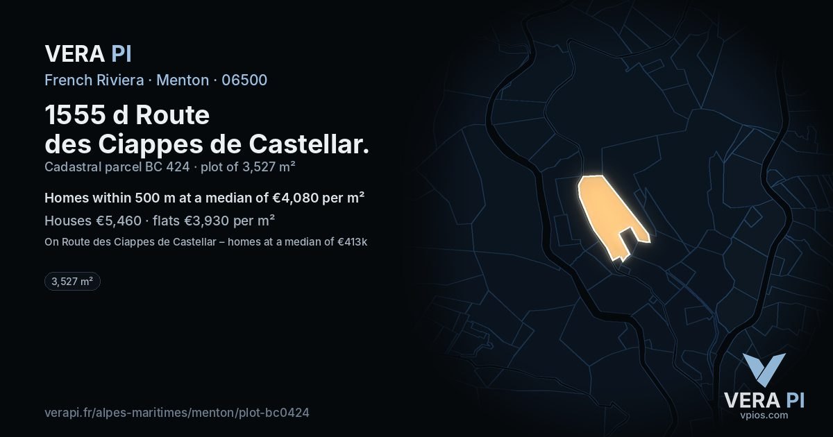 1555 d Route des Ciappes de Castellar, Menton at night – the plot lit, the parcels around coloured by the prices near them