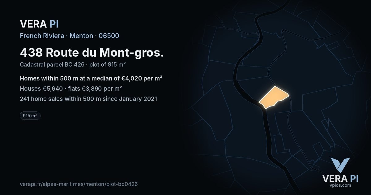 438 Route du Mont-gros, Menton at night – the plot lit, the parcels around coloured by the prices near them