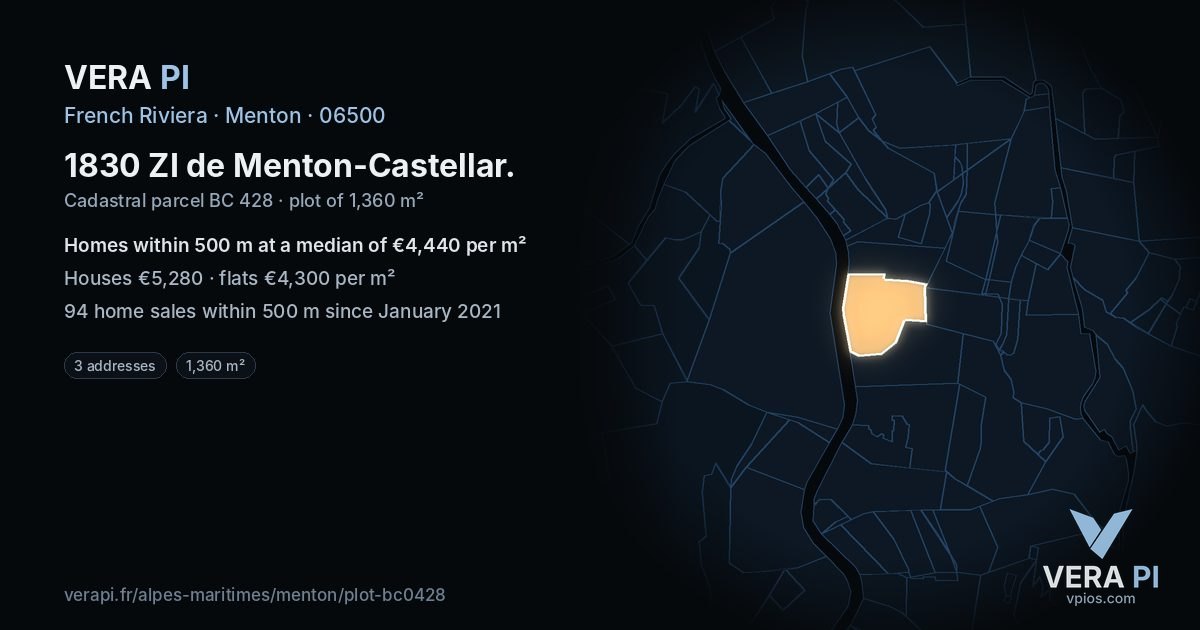 1830 ZI de Menton-Castellar, Menton at night – the plot lit, the parcels around coloured by the prices near them