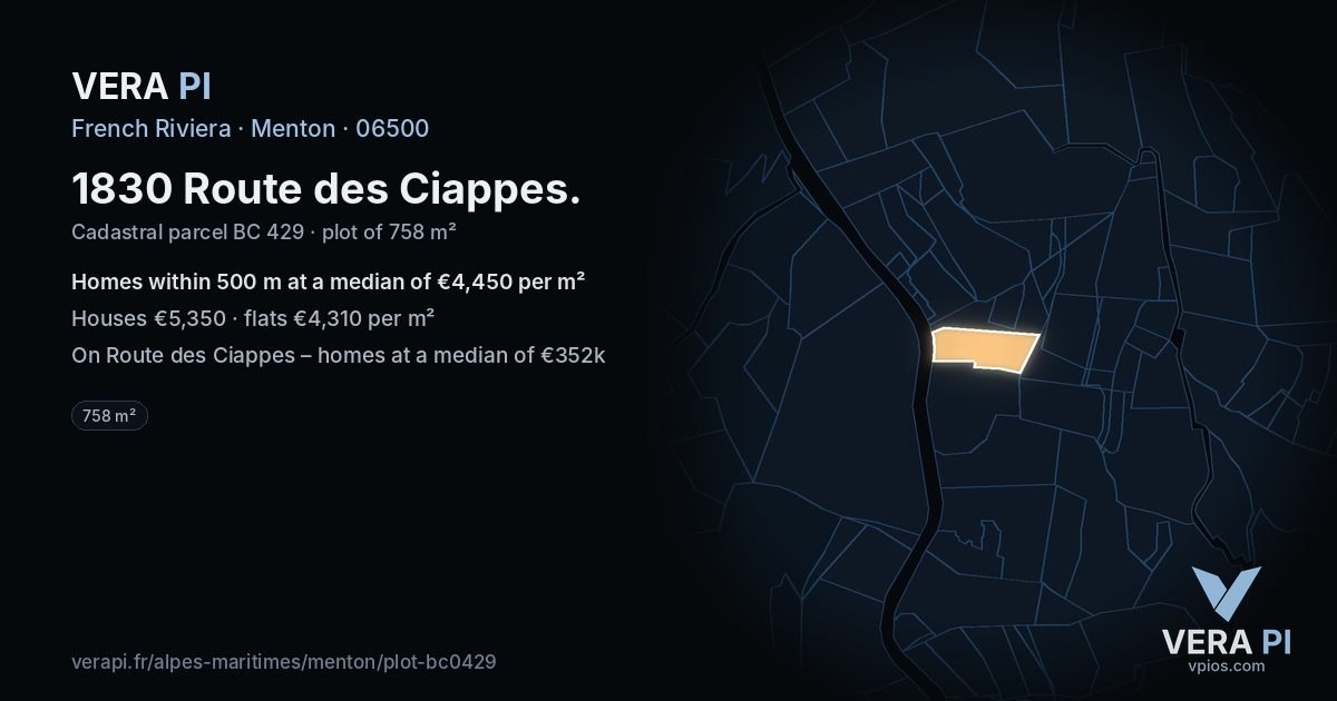 1830 Route des Ciappes, Menton at night – the plot lit, the parcels around coloured by the prices near them