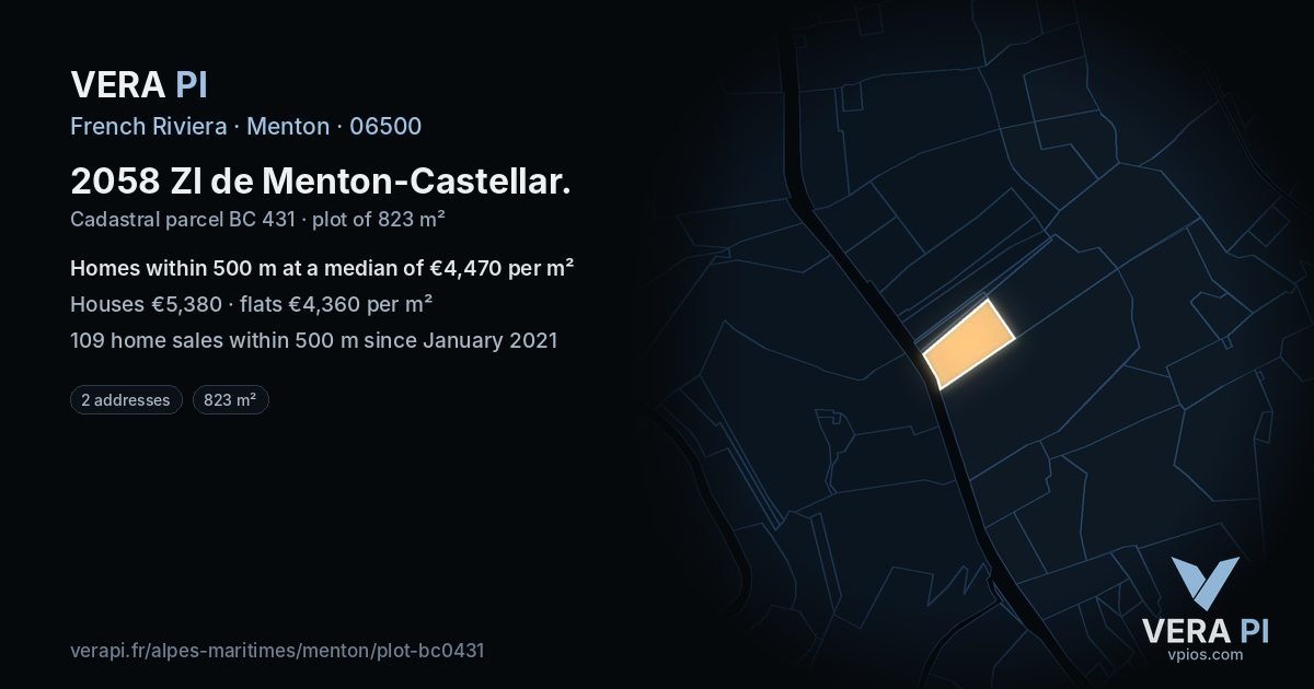 2058 ZI de Menton-Castellar, Menton at night – the plot lit, the parcels around coloured by the prices near them