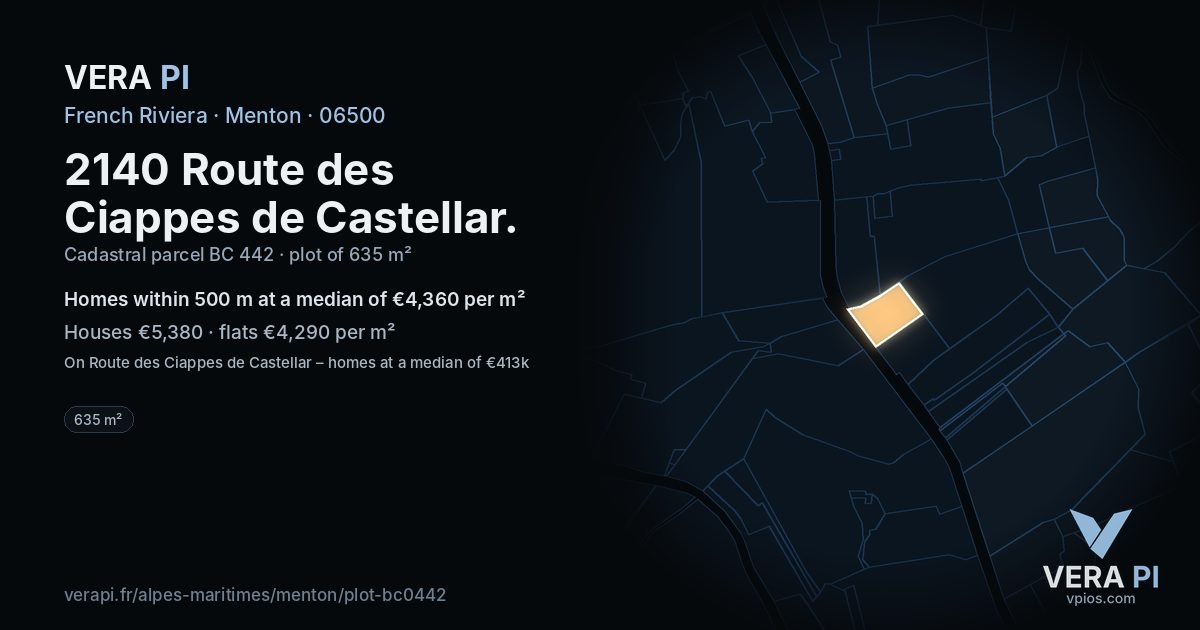 2140 Route des Ciappes de Castellar, Menton at night – the plot lit, the parcels around coloured by the prices near them