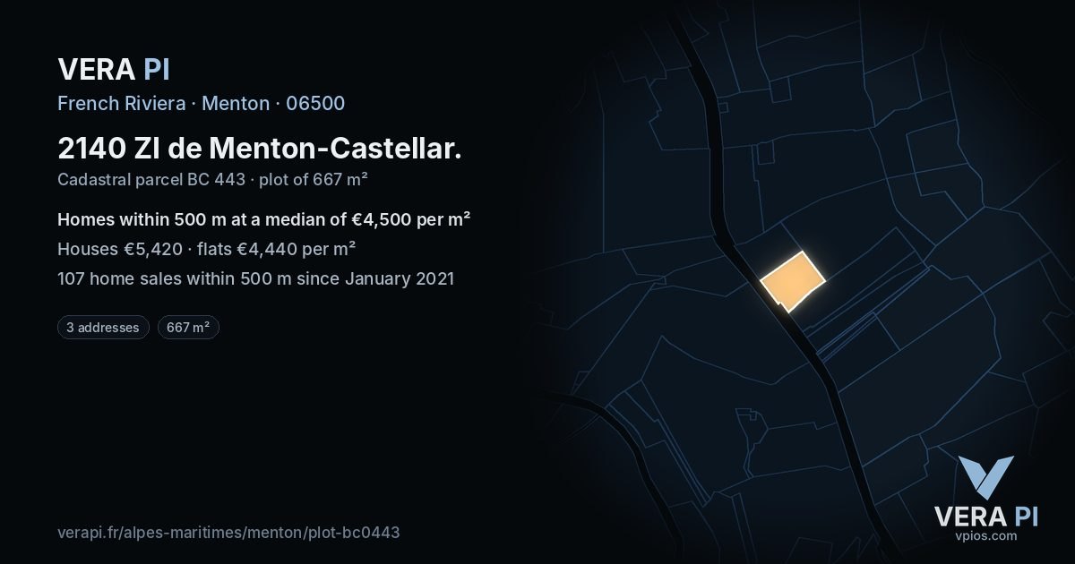 2140 ZI de Menton-Castellar, Menton at night – the plot lit, the parcels around coloured by the prices near them