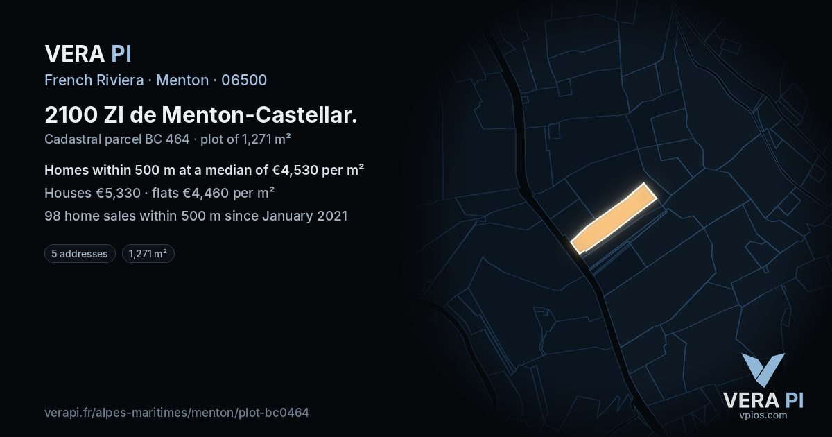 2100 ZI de Menton-Castellar, Menton at night – the plot lit, the parcels around coloured by the prices near them