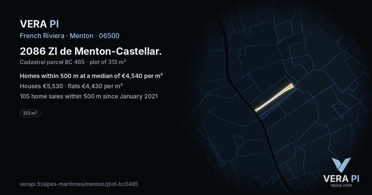 2086 ZI de Menton-Castellar, Menton at night – the plot lit, the parcels around coloured by the prices near them