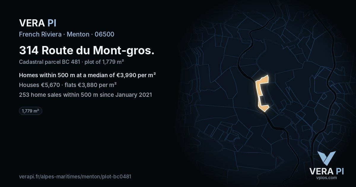314 Route du Mont-gros, Menton at night – the plot lit, the parcels around coloured by the prices near them
