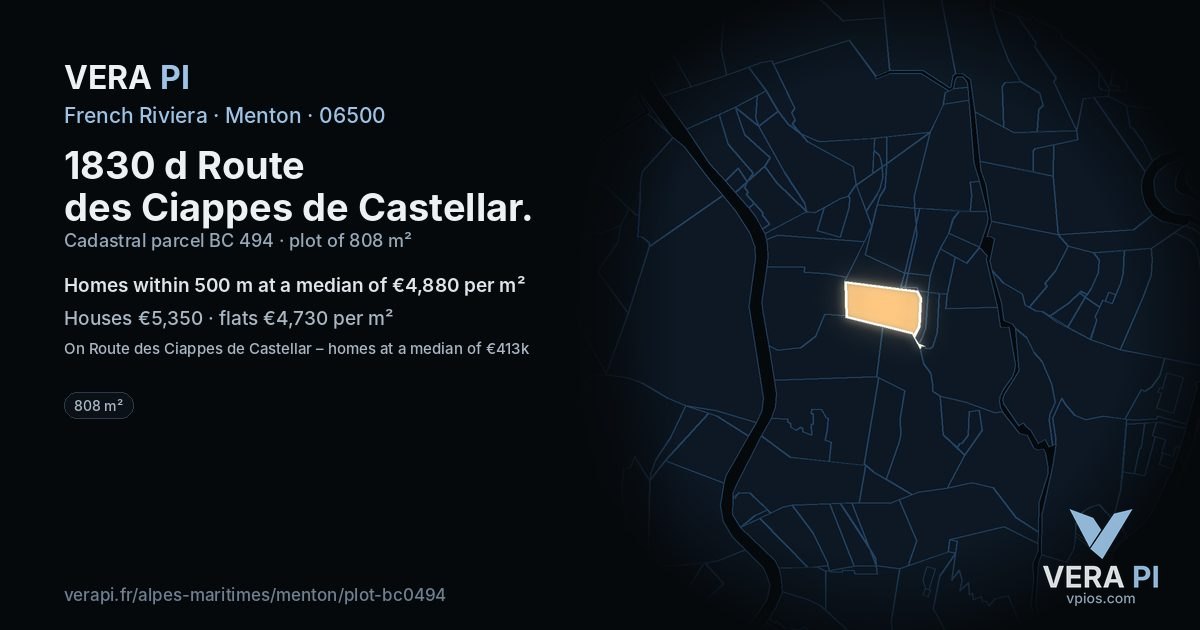 1830 d Route des Ciappes de Castellar, Menton at night – the plot lit, the parcels around coloured by the prices near them