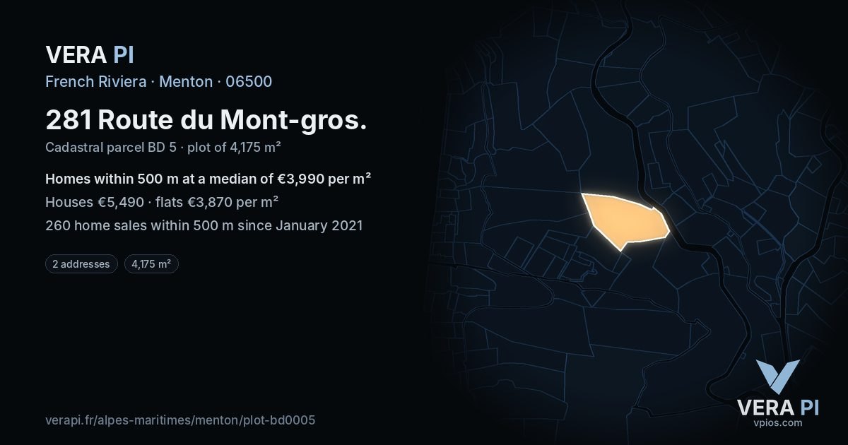 281 Route du Mont-gros, Menton at night – the plot lit, the parcels around coloured by the prices near them