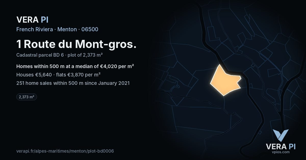 1 Route du Mont-gros, Menton at night – the plot lit, the parcels around coloured by the prices near them
