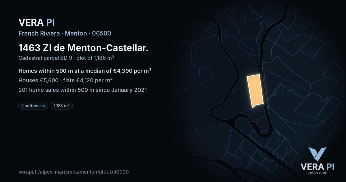 1463 ZI de Menton-Castellar, Menton at night – the plot lit, the parcels around coloured by the prices near them