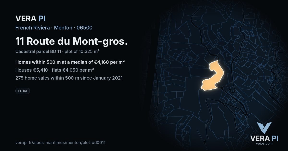 11 Route du Mont-gros, Menton at night – the plot lit, the parcels around coloured by the prices near them