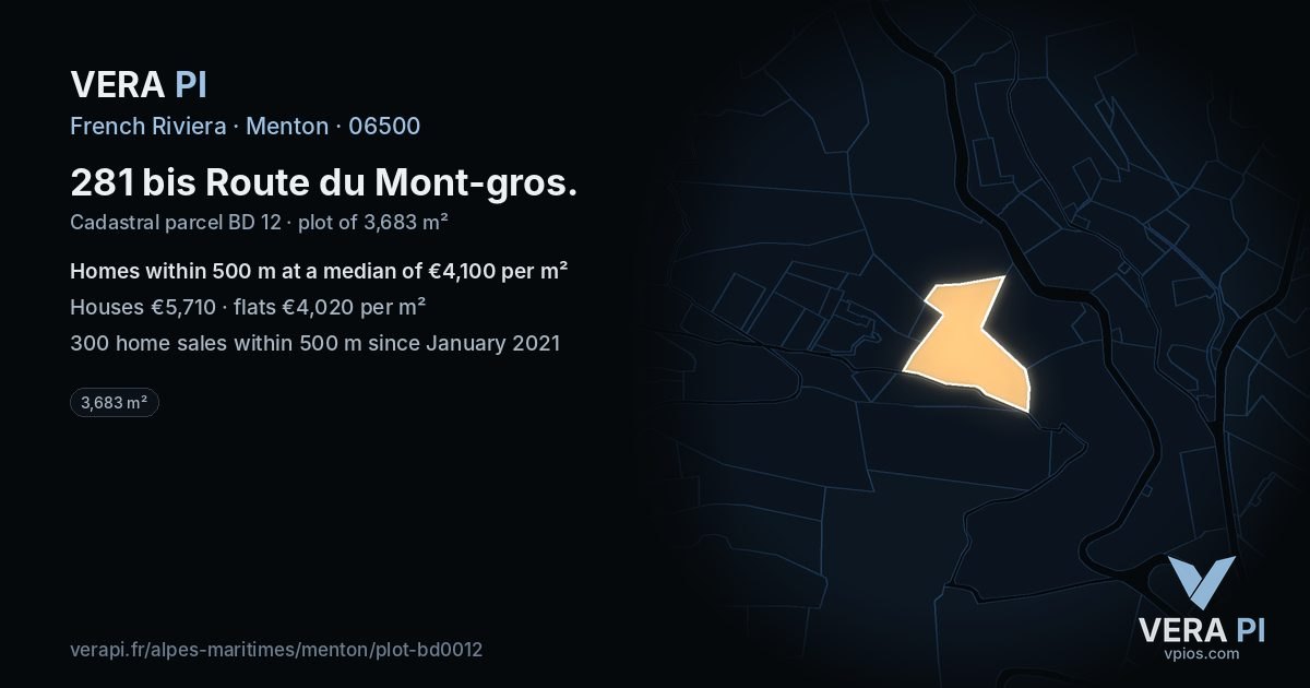 281 bis Route du Mont-gros, Menton at night – the plot lit, the parcels around coloured by the prices near them