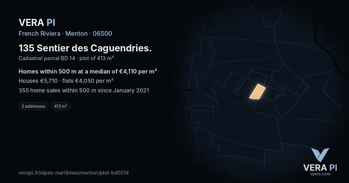 135 Sentier des Caguendries, Menton at night – the plot lit, the parcels around coloured by the prices near them