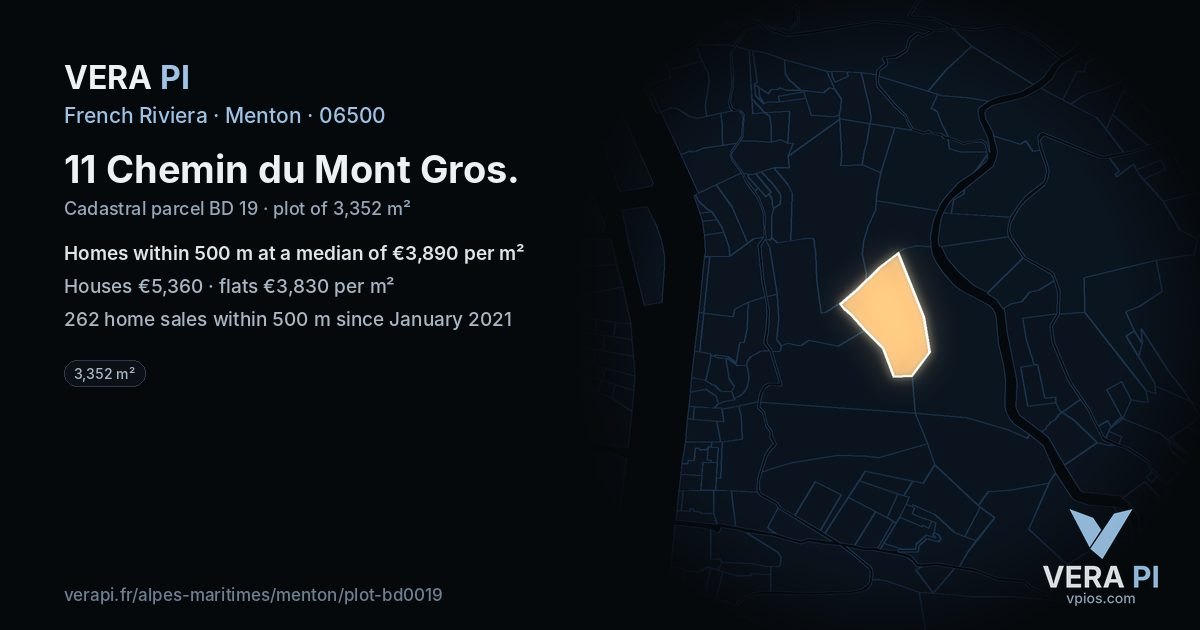 11 Chemin du Mont Gros, Menton at night – the plot lit, the parcels around coloured by the prices near them