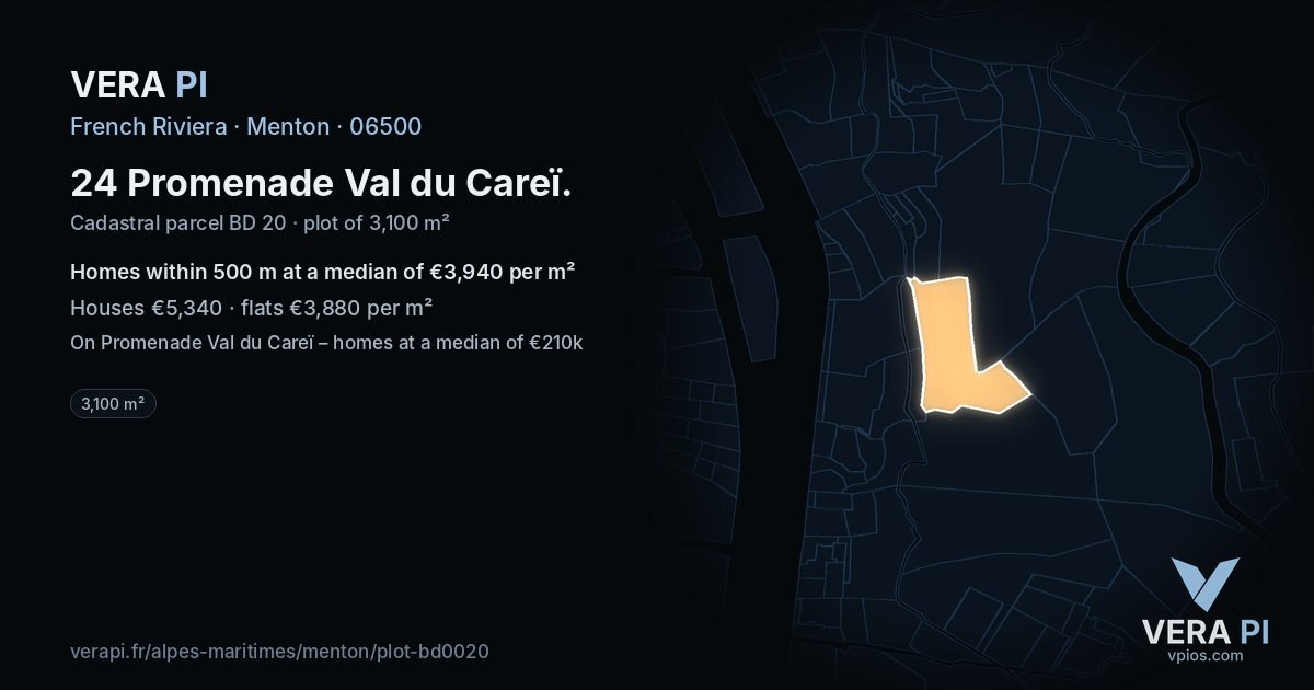24 Promenade Val du Careï, Menton at night – the plot lit, the parcels around coloured by the prices near them