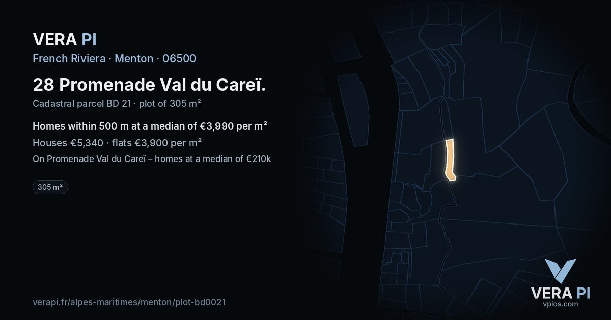 28 Promenade Val du Careï, Menton at night – the plot lit, the parcels around coloured by the prices near them