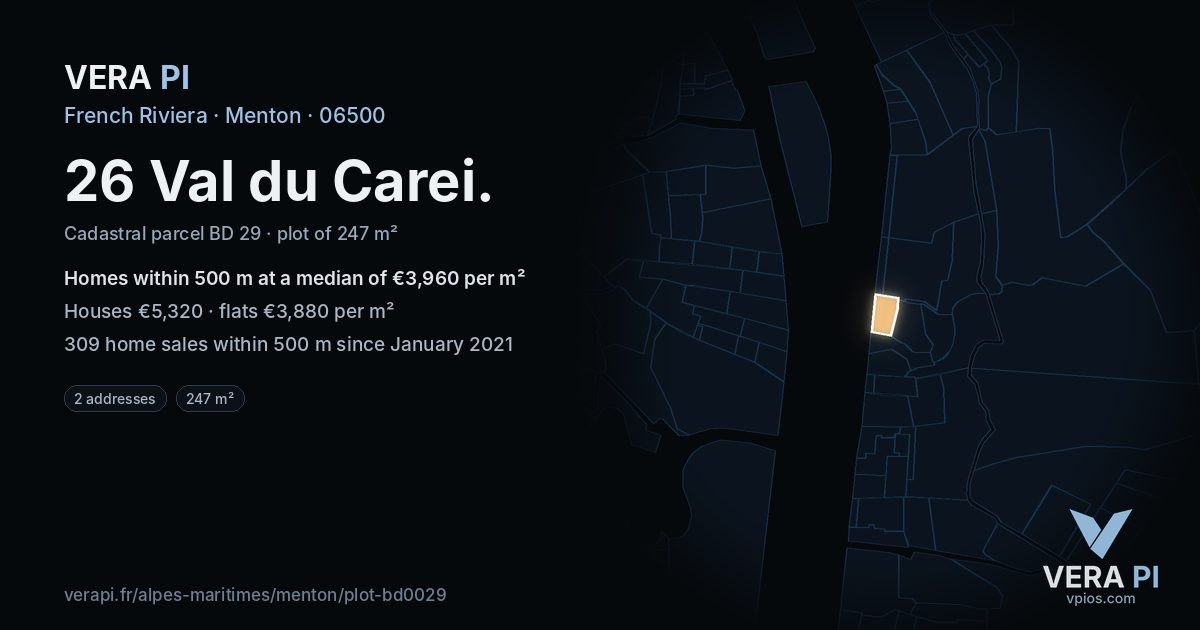 26 Val du Carei, Menton at night – the plot lit, the parcels around coloured by the prices near them