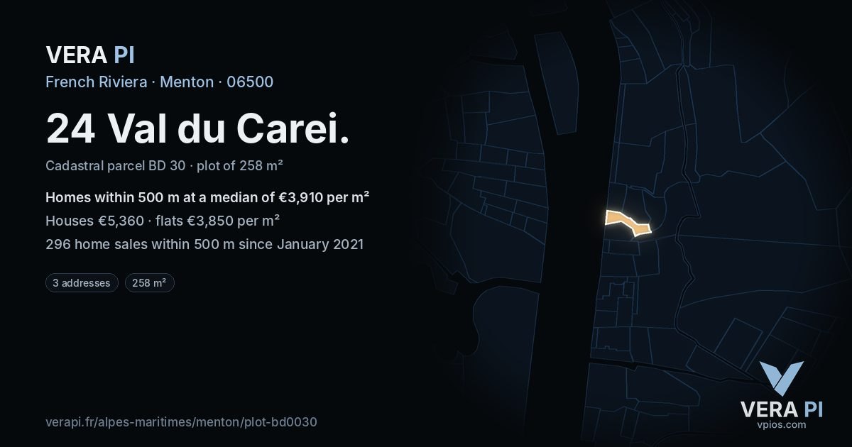 24 Val du Carei, Menton at night – the plot lit, the parcels around coloured by the prices near them