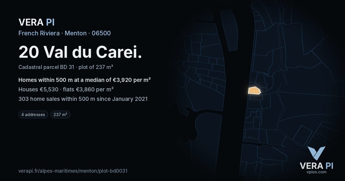 20 Val du Carei, Menton at night – the plot lit, the parcels around coloured by the prices near them