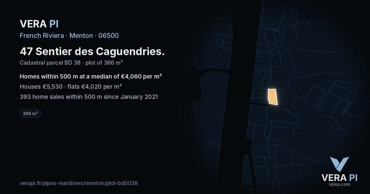 47 Sentier des Caguendries, Menton at night – the plot lit, the parcels around coloured by the prices near them