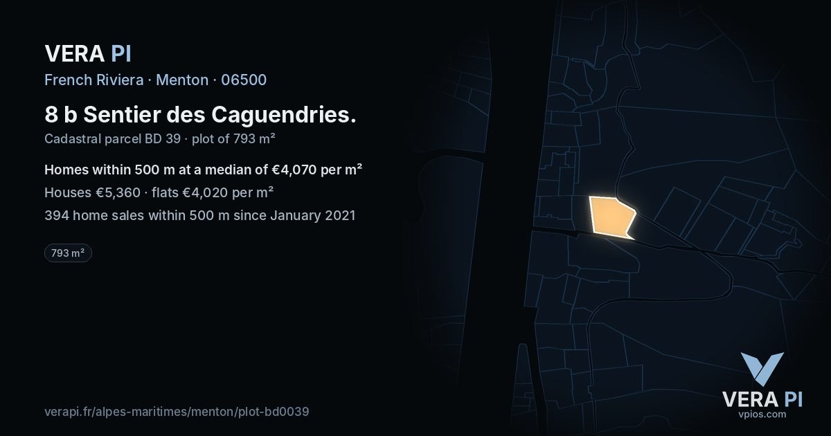 8 b Sentier des Caguendries, Menton at night – the plot lit, the parcels around coloured by the prices near them