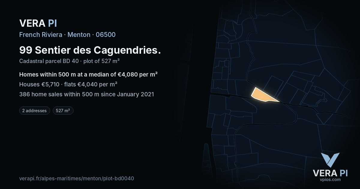 99 Sentier des Caguendries, Menton at night – the plot lit, the parcels around coloured by the prices near them