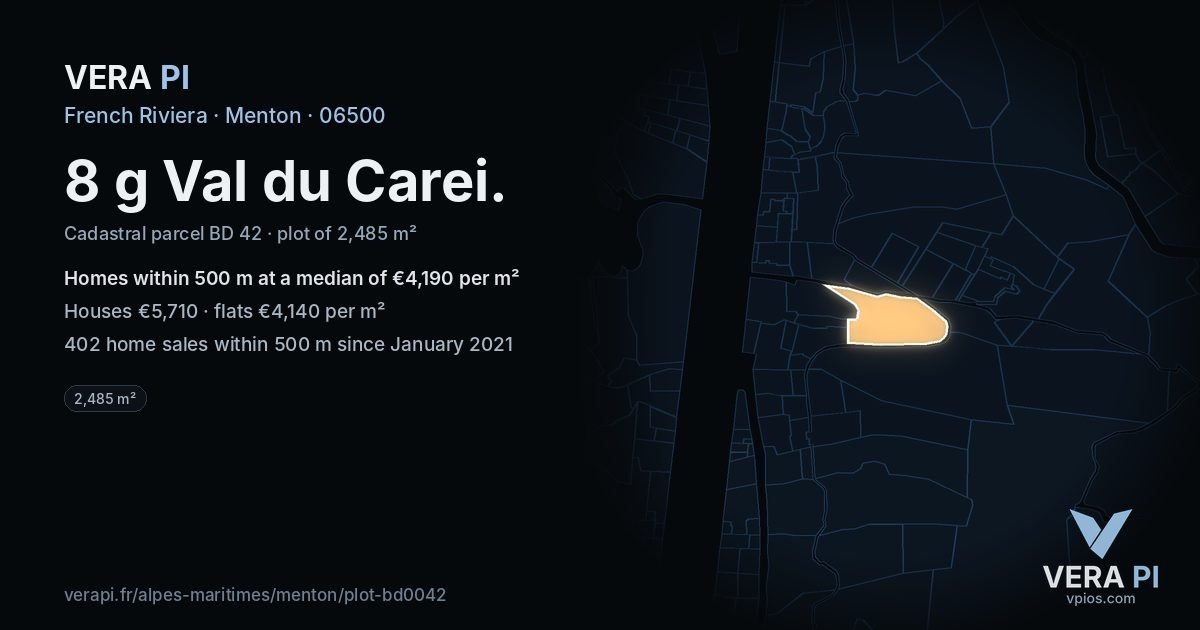8 g Val du Carei, Menton at night – the plot lit, the parcels around coloured by the prices near them