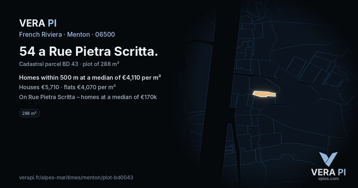 54 a Rue Pietra Scritta, Menton at night – the plot lit, the parcels around coloured by the prices near them