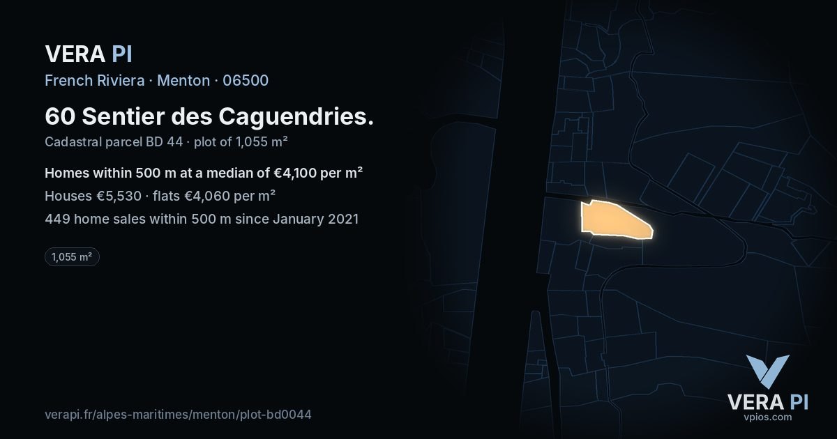 60 Sentier des Caguendries, Menton at night – the plot lit, the parcels around coloured by the prices near them