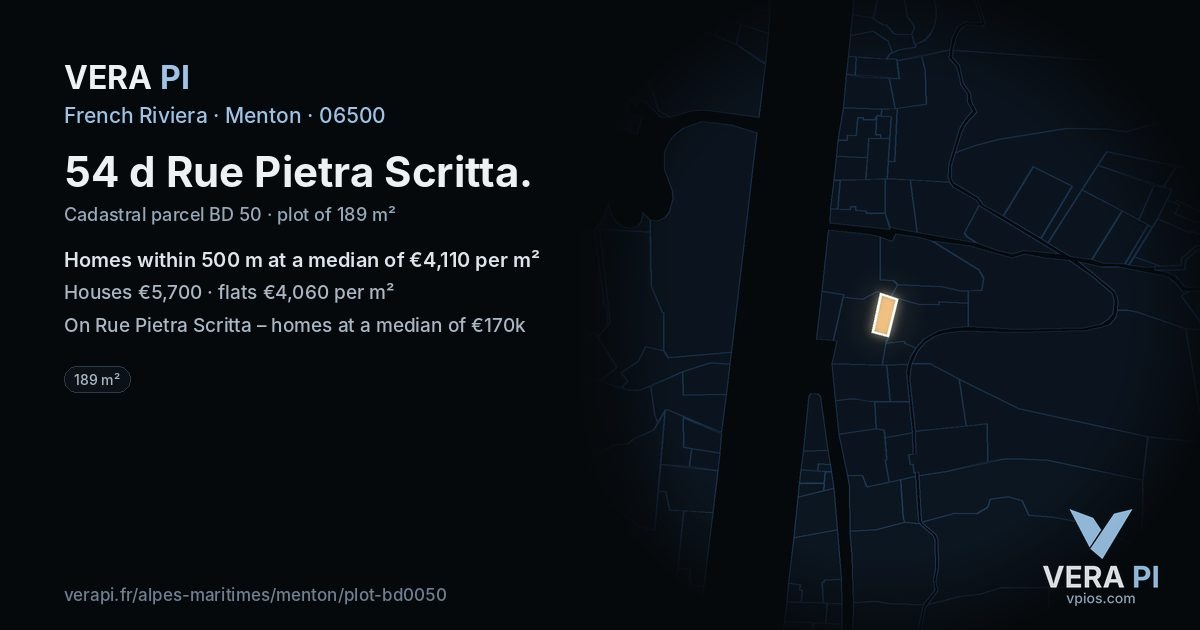 54 d Rue Pietra Scritta, Menton at night – the plot lit, the parcels around coloured by the prices near them